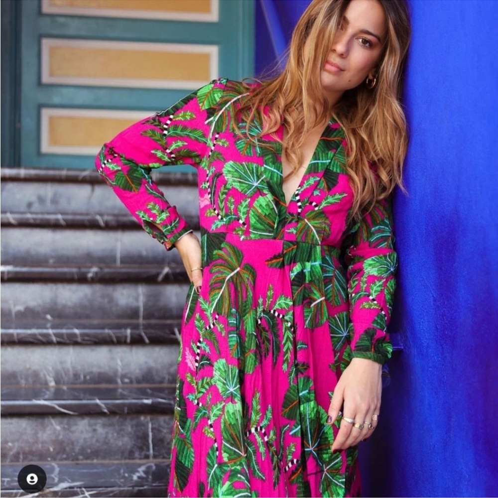 Farm Rio Pink Leaves Maxi dress sz S - Picture 7 of 14
